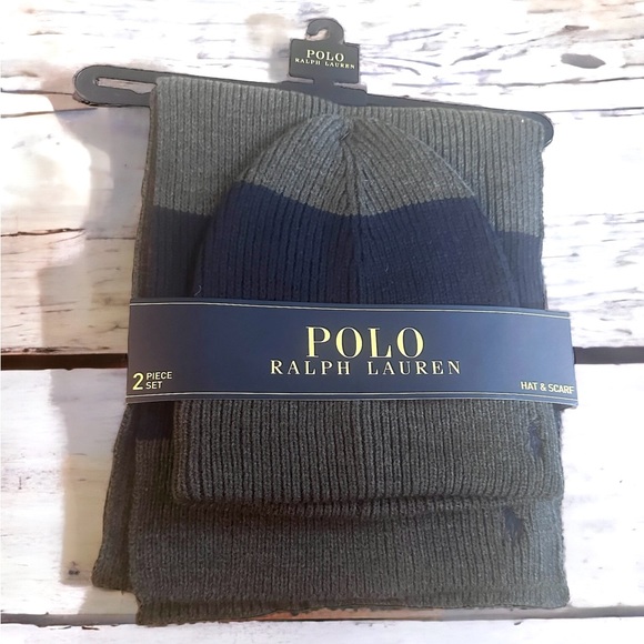 NWT Men’s Polo Ralph Lauren Knit Hat and Scarf Set Gray/Navy‎ - Picture 1 of 2